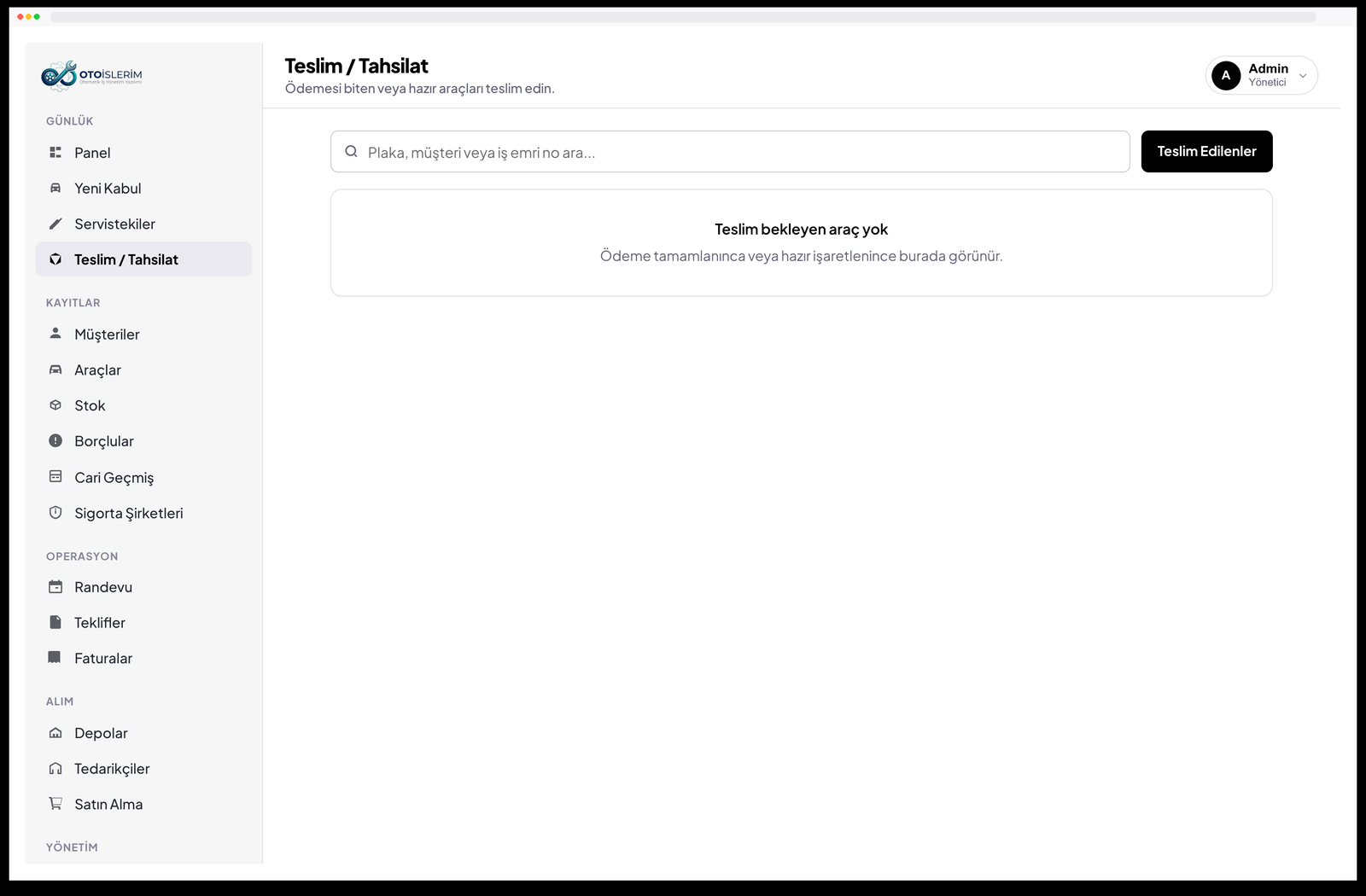 Otoİşlerim teslim ve tahsilat ekranı